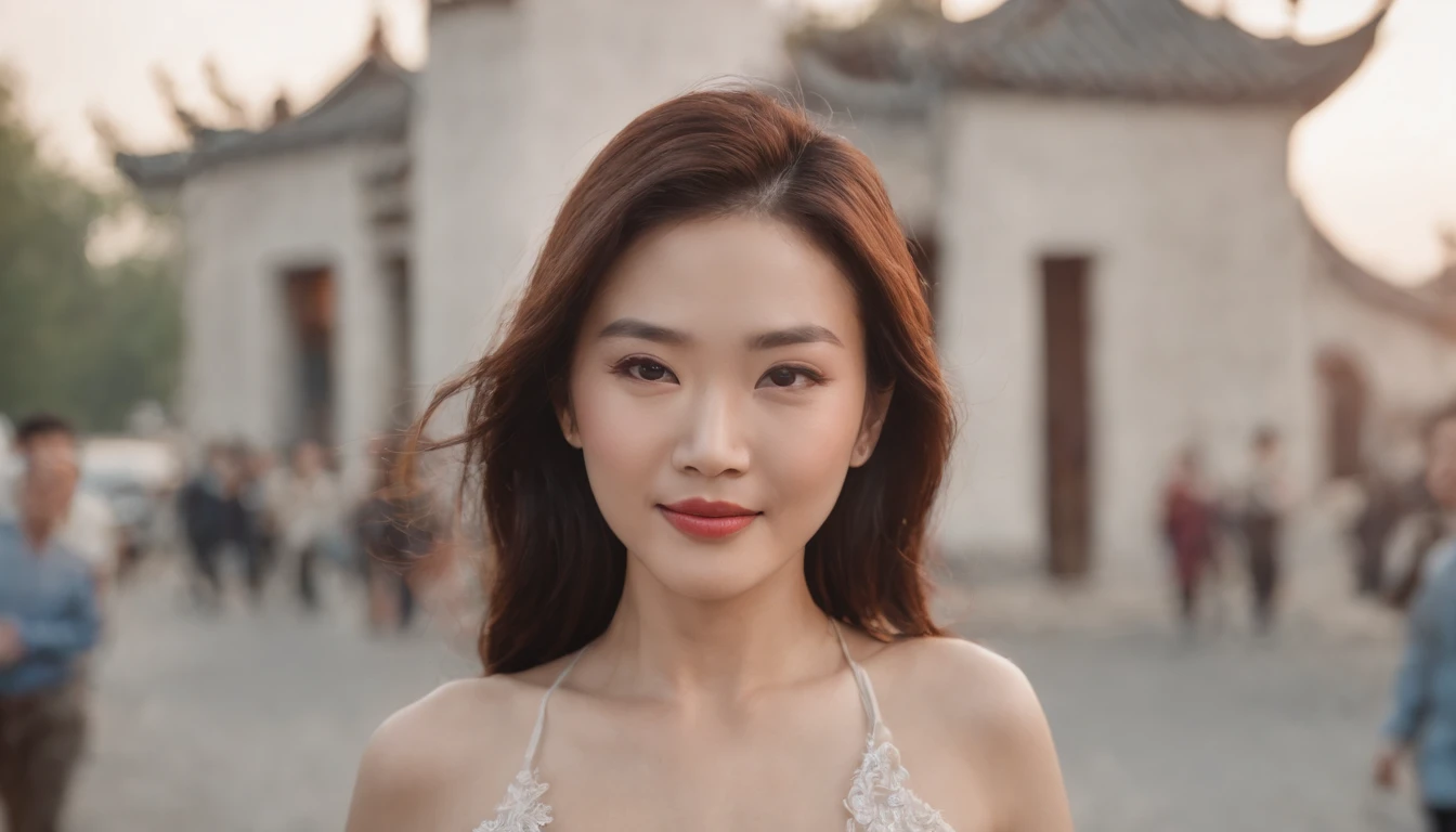 Beautiful Chinese middle-aged beauty，Attractive middle-aged woman wearing beautiful clothes，grin face, Bigchest，Tight pants，Stand on the road，Ultra photo realsisim, 8K