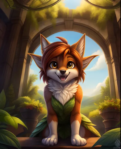 by lichfang,,, elora furry, detailed and extremely fluffy body fur, fluff, masterpiece, looking up beautiful surroundings, detailed background, happy, leaf-dress