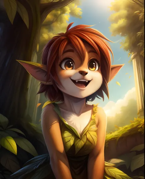 by sicmop,,, elora furry, detailed and extremely fluffy body fur, fluff, masterpiece, looking up beautiful surroundings, detailed background, happy, leaf-dress