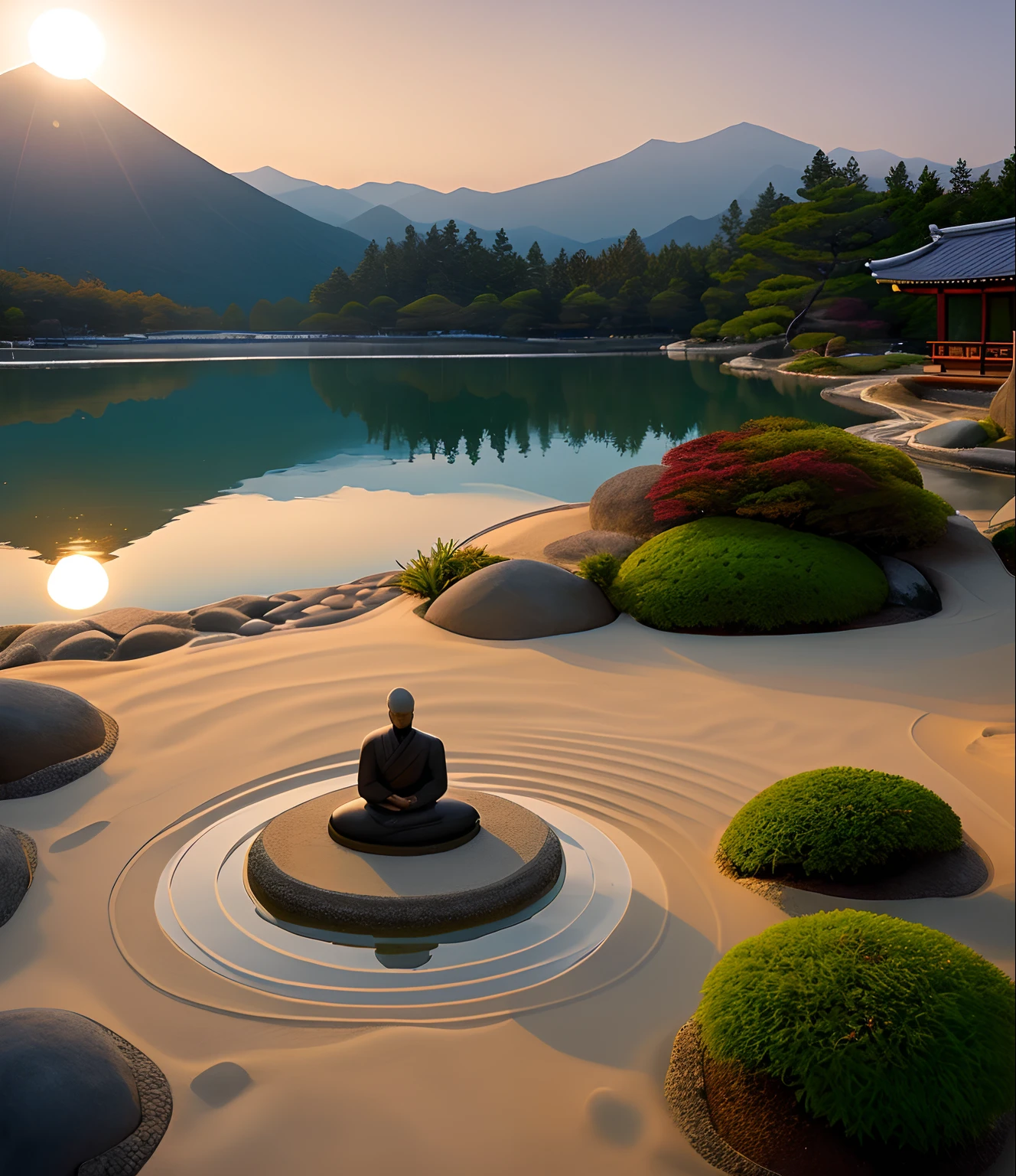 Безмятежная сцена японского сада дзен., с монахом, медитирующим в своей позе, окружен белым песком, тщательно продуманным в идеальных узорах, симметрично расположенные камни, мягкое освещение заходящего солнца, передает ощущение покоя и сосредоточенности, Реалистичная фотография, цифровая зеркальная камера с объективом 50 мм., --с 16:9 -- в 5