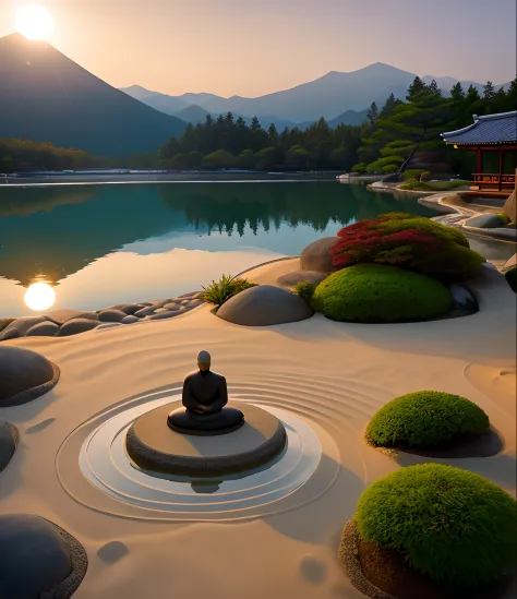 A serene scene of a Japanese Zen garden, with a monk meditating in his position, surrounded by white sand carefully designed in ...