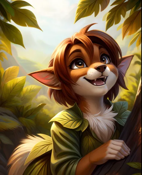 by reallynxgirl,,, elora furry, detailed and extremely fluffy body fur, fluff, masterpiece, looking up beautiful surroundings, detailed background, happy, leaf-dress