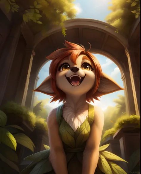 by piporete,,, elora furry, detailed and extremely fluffy body fur, fluff, masterpiece, looking up beautiful surroundings, detailed background, happy, leaf-dress