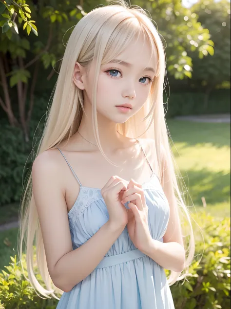 Authentic photo quality、16-year-old beautiful girl、Extraordinary sexy beauty、Beautiful white skin、glowy skin、Gentle and cheerful look、Sexy refreshing appearance、Perfect beautiful cute face with long bangs、Super Long Blonde Straight Hair、Hair hanging on bea...