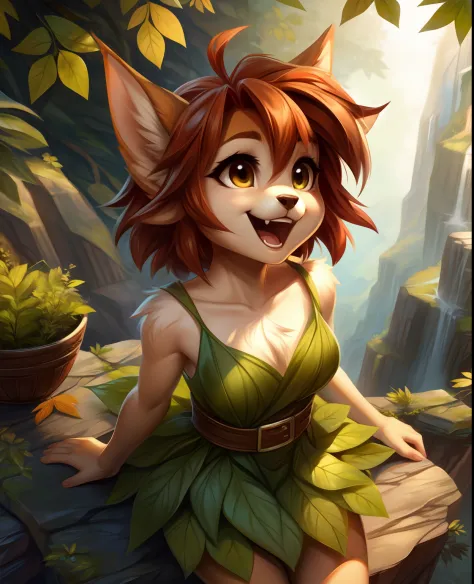 by dragonfu,,, elora furry, detailed and extremely fluffy body fur, fluff, masterpiece, looking up beautiful surroundings, detailed background, happy, leaf-dress