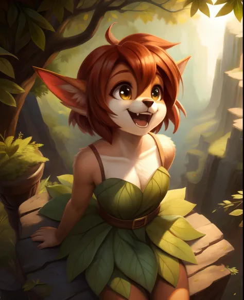by woolrool,,, elora furry, detailed and extremely fluffy body fur, fluff, masterpiece, looking up beautiful surroundings, detailed background, happy, leaf-dress