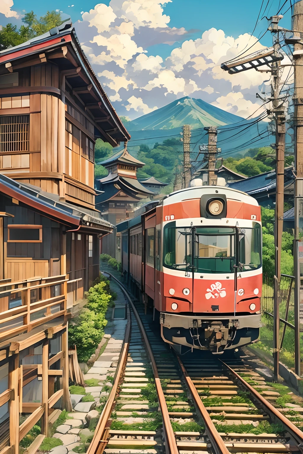 Japan train in the center、Japan countryside、Cinematic scenery、Studio Ghibli、Wooden station、during daytime、Clouds,masutepiece,Best Quality,Sketch style、