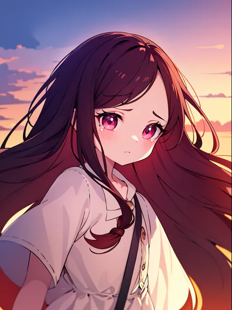 One Little Girl，Maroon braids，conservativelydressed，Big eyes and long eyelashes，Sunset Sunset，With tears in his eyes，best qualtiy，super detailing，Good atmosphere，delicated，cg render，detail render，（Delicate facial portrayal）（Fine hair depiction）（highest  qu...