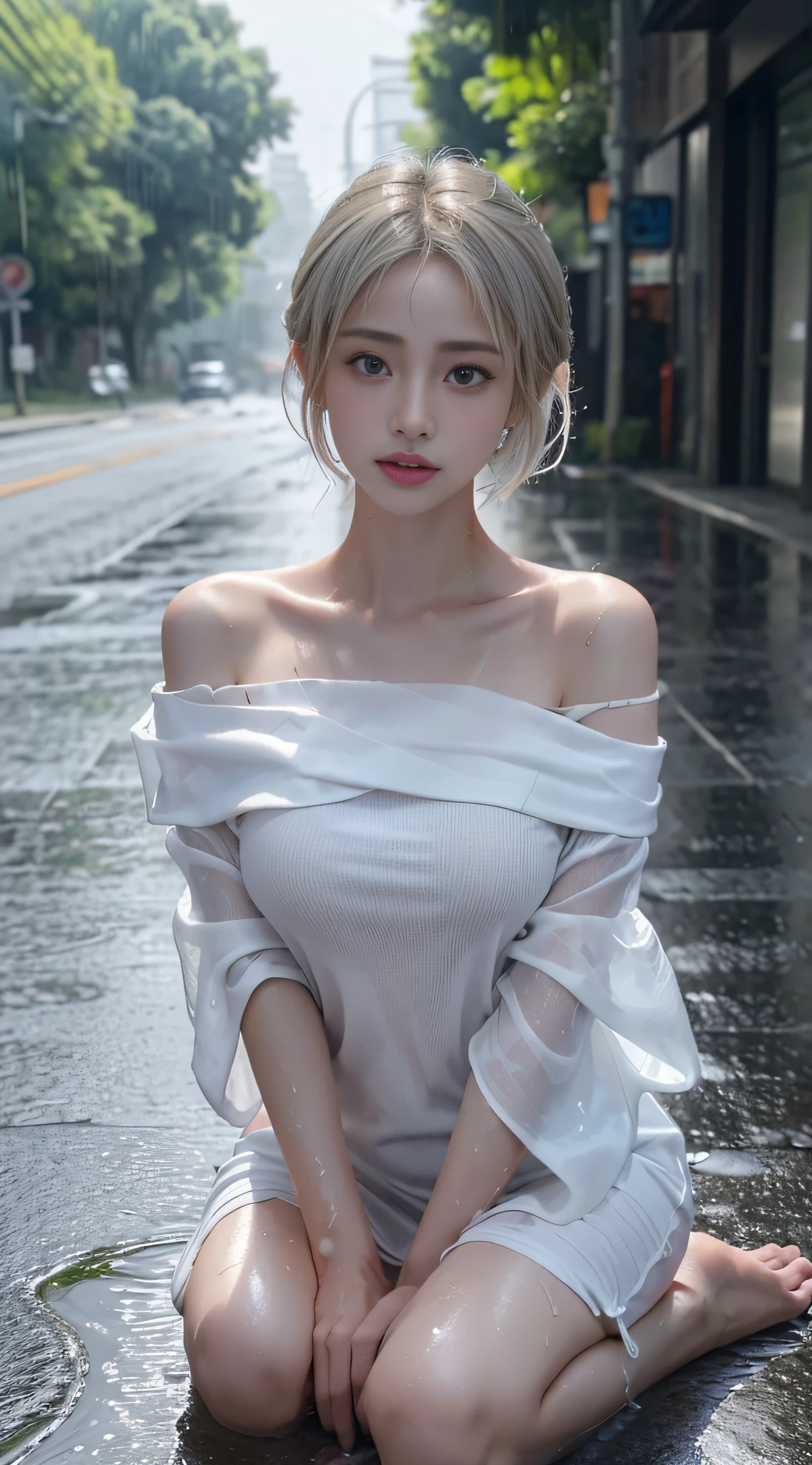 Young Japanese woman standing,  ((On City Street)),  ((Fully clothed)), ((Off-the-shoulder T-shirt dress)),((Barefoot)), blond with short hair, slim build, two tone color hair, mid afternoon, Gray light, Overcast, Detailed background, Dark, busy street, crowding street, Cinematic, pessimistic, Masterpiece,  Best quality, RAW photo, up-close, zoomed,  Photorealistic, ((view the viewer)), Hold yourself, Translucent, dripping wet, beautiful realistic photo, Surreal fantasy photos,  Close up, Tight Frame, 8K, Ultra detailed, Detailed skin, Blue eyes, Dark skin, ((Drenched)), ((Soaked)), (Dripping water), Saggy clothes, wet street, Wet all over, wet dripping hair, angle of view, (posed for photo) Portrait, Close-up, bottom angles, Mist, ((heavy rain)), ((Hazy rain)), Rain on the face, wet face, Shallow depth of field