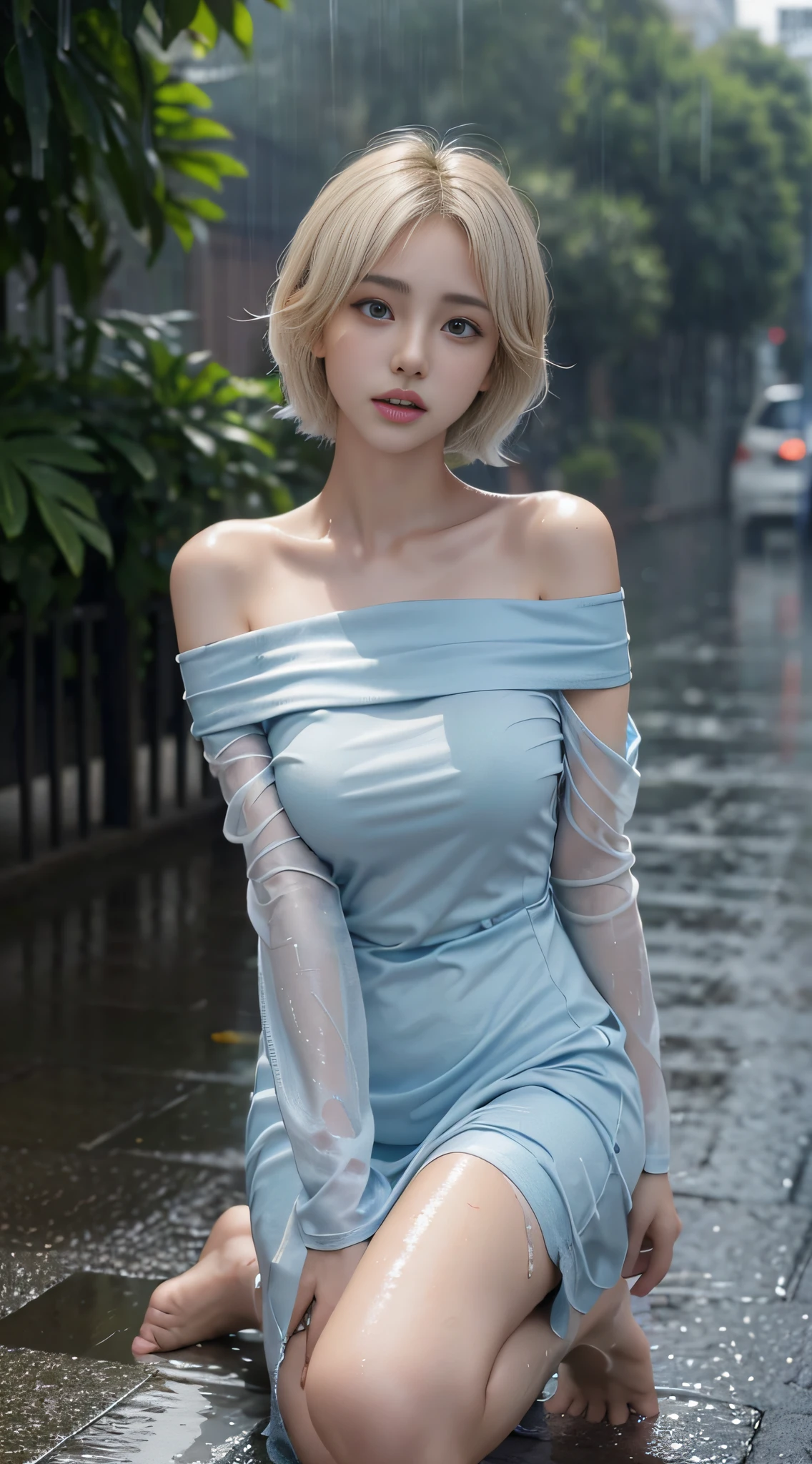 Young Japanese woman standing,  ((On City Street)),  ((Fully clothed)), ((Off-the-shoulder T-shirt dress)),((Barefoot)), blond with short hair, slim build, two tone color hair, mid afternoon, Gray light, Overcast, Detailed background, Dark, busy street, crowding street, Cinematic, pessimistic, Masterpiece,  Best quality, RAW photo, up-close, zoomed,  Photorealistic, ((view the viewer)), Hold yourself, Translucent, dripping wet, beautiful realistic photo, Surreal fantasy photos,  Close up, Tight Frame, 8K, Ultra detailed, Detailed skin, Blue eyes, Dark skin, ((Drenched)), ((Soaked)), (Dripping water), Saggy clothes, wet street, Wet all over, wet dripping hair, angle of view, (posed for photo) Portrait, Close-up, bottom angles, Mist, ((heavy rain)), ((Hazy rain)), Rain on the face, wet face, Shallow depth of field