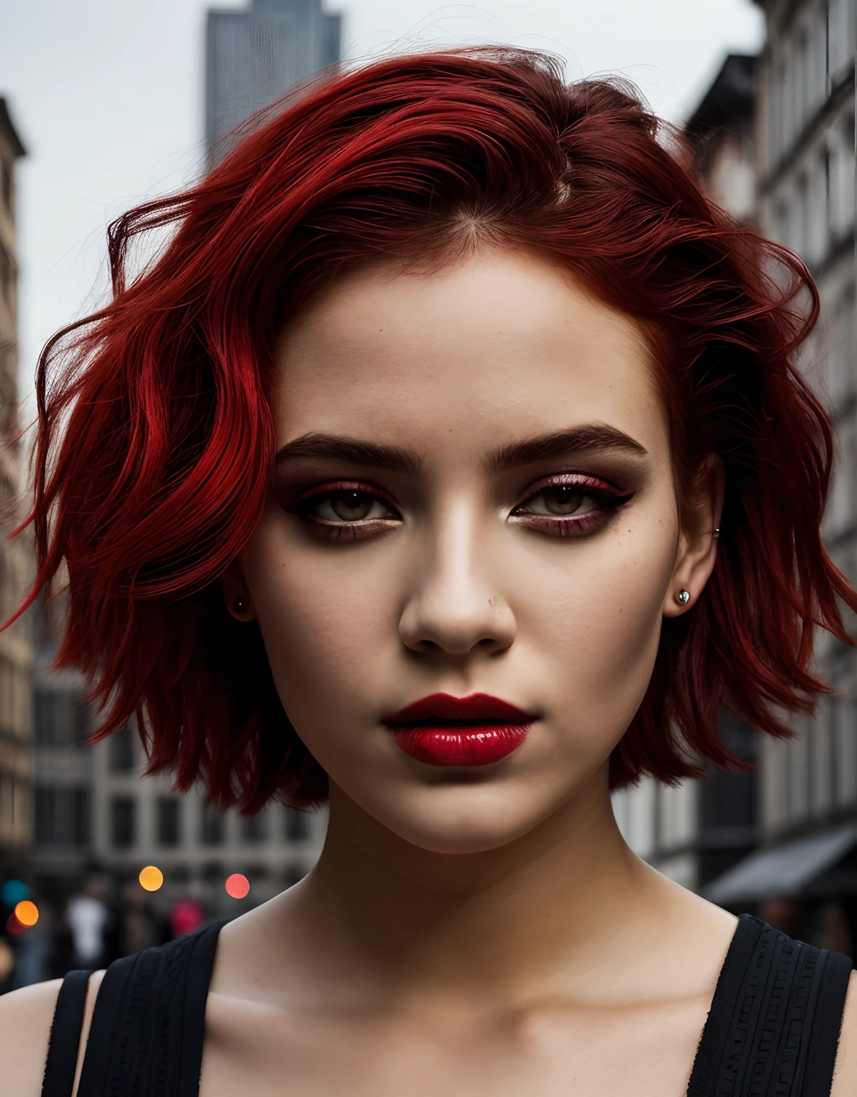 beautiful girl, half body portrait, short bright red disheveled hair, black eyeshadow, (street style wear:1.2), (city background:1.2), dark makeup, digital art, trending on artstation, highly detailed, fine detail, intricate,  beautiful detailed glow, detailed, Cinematic light, highres, detailed facial features,sharp focus, smooth, aesthetic,