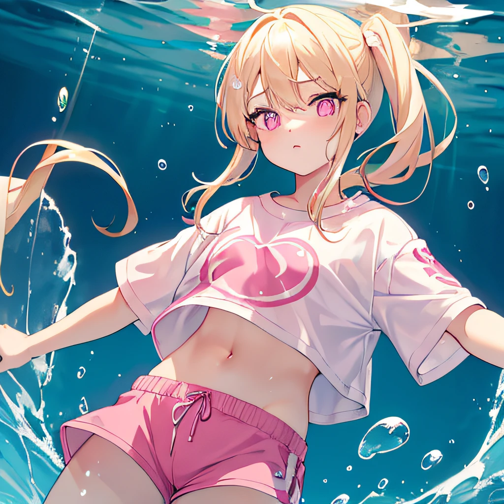 Light yellow hair，Double ponytail hairstyle，Pink eyes，Pink pupils，teens girl，white short sleeve，Short shorts，Crop topping， Under water，Background in water，