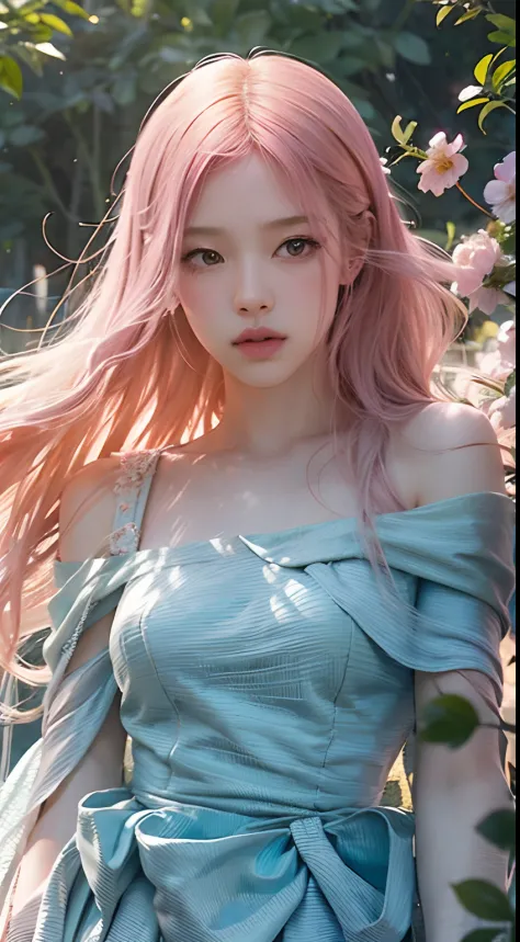 Rosé from blackpink, girl,hair blowing in the wind,flowing dress,beautiful detailed eyes, dreamy expression,soft sunlight,artistic portrait,photorealistic,bokeh,vivid colors,creative lighting,romantic atmosphere,floral elements,ethereal beauty,waist-length...