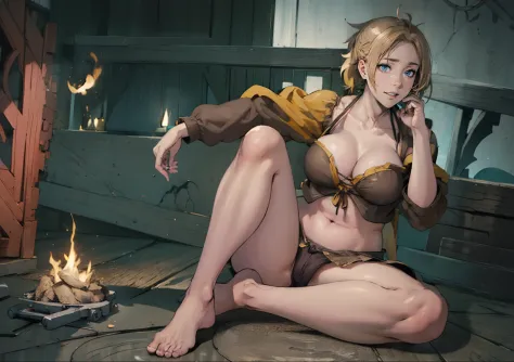 (blonde hair:1.7), blue eyes, low ponytail, excessive pubic hair, nsfw art, 1girl, breasts, solo, jacket, navel, cleavage, large_breasts, looking_at_viewer, barefoot, strapless, sitting, feet, bare_shoulders, collarbone, glow effects, godrays, Hand drawn, ...