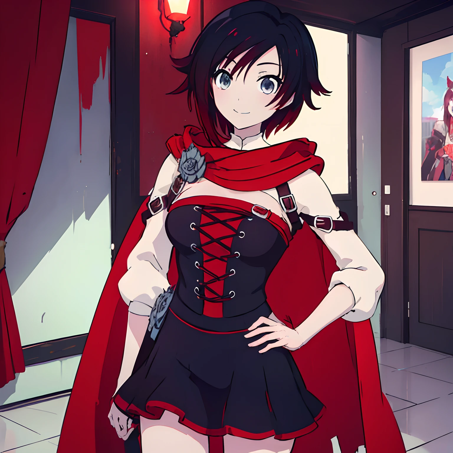 ((masutepiece,Best Quality)),  absurderes, ruby_nffsw,  Hands on hips, Solo, Smiling, Looking at Viewer, Cowboy Shot, Cinematic composition, Dynamic Pose､Black short skirt､Brand new beautiful red robe､