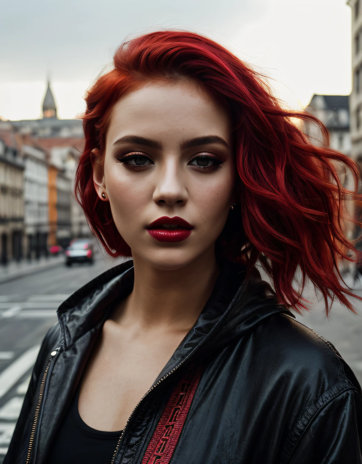 beautiful girl, half body portrait, short bright red disheveled hair, black eyeshadow, (street style wear:1.2), (city background:1.2), dark makeup, digital art, trending on artstation, highly detailed, fine detail, intricate,  beautiful detailed glow, detailed, Cinematic light, highres, detailed facial features,sharp focus, smooth, aesthetic, torso