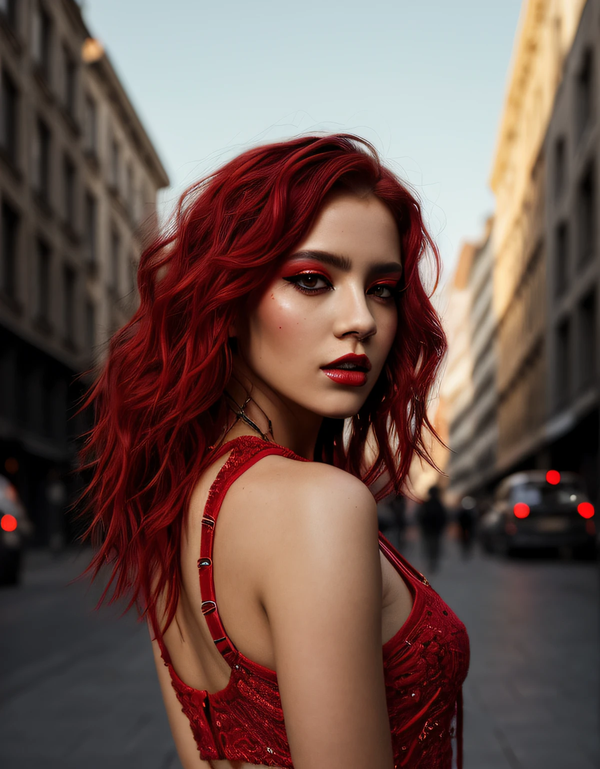 beautiful girl, full body portrait, short bright red disheveled hair, black eyeshadow, (street style wear:1.2), (city background:1.2), dark makeup, digital art, trending on artstation, highly detailed, fine detail, intricate,  beautiful detailed glow, detailed, Cinematic light, highres, detailed facial features,sharp focus, smooth, aesthetic,