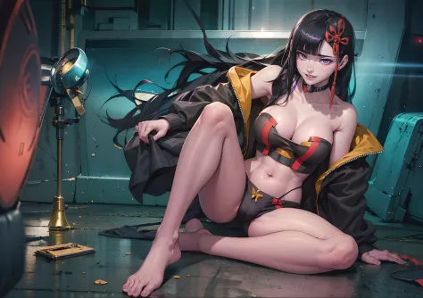 (black hair, long hair:1.7), purple eyes, hair ornament, excessive pubic hair, nsfw art, 1girl, breasts, solo, jacket, navel, cleavage, large_breasts, looking_at_viewer, barefoot, strapless, sitting, feet, bare_shoulders, collarbone, glow effects, godrays,...