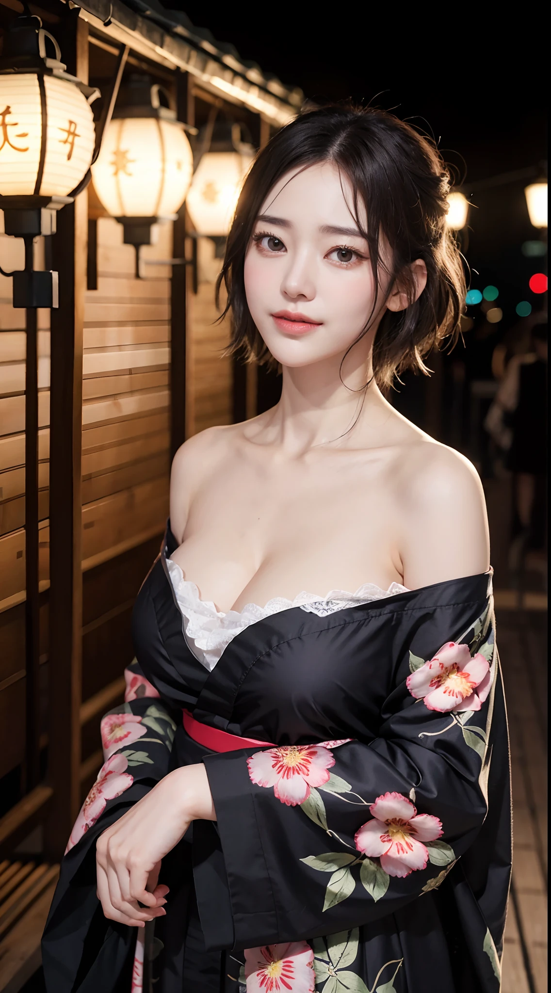 1, Realistic, raw, masutepiece, 8K Photorealistic, A dark-haired, wind blown hair, Black kimono, Big Breast, Detailed finger, Detailed face, Natural Skin Texture, Standing, Night, Lantern background、A smile、short-hair、Standing like a model、Facing the front、Loose and fluffy hair、Perm hair、Emphasize cleavage、Floral costume、sexy facial expression、sexy  pose、Eroi