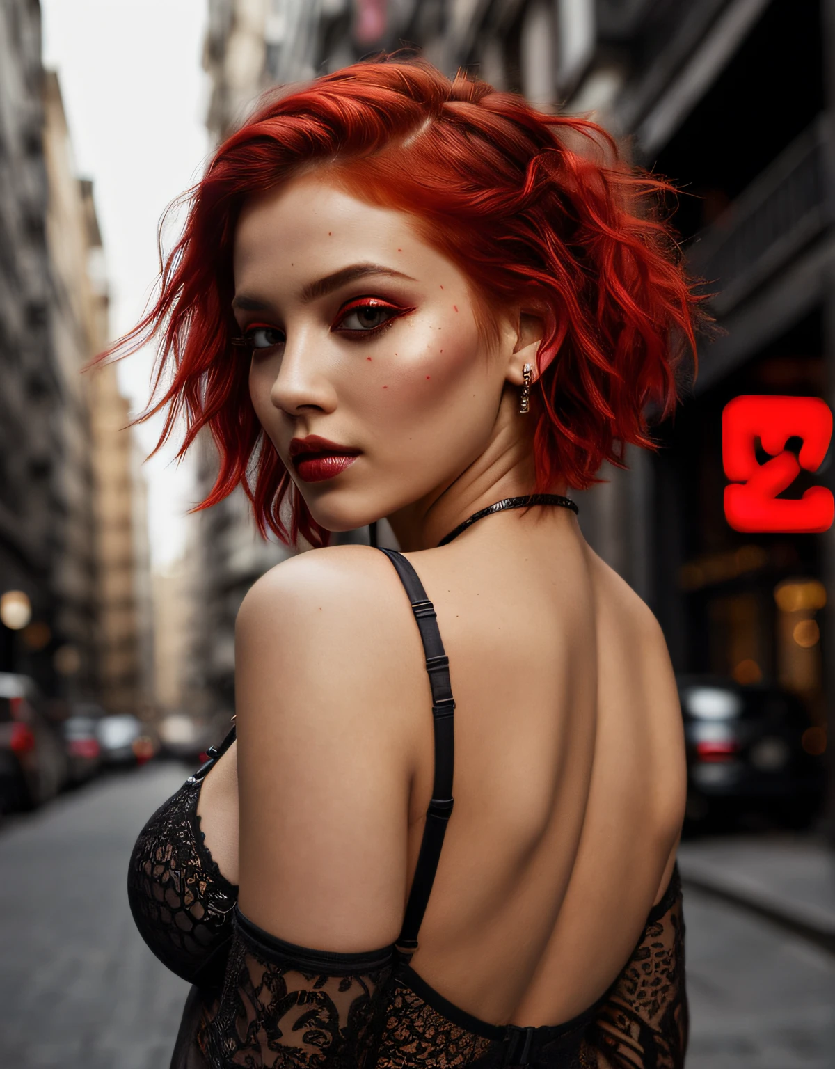 beautiful girl, short bright red disheveled hair, black eyeshadow, (street style wear:1.2), (city background:1.2), dark makeup, digital art, trending on artstation, highly detailed, fine detail, intricate, beautiful detailed glow, detailed, Cinematic light, highres, detailed facial features, sharp focus, smooth, aesthetic, perky breasts, bum, legs, lingerie