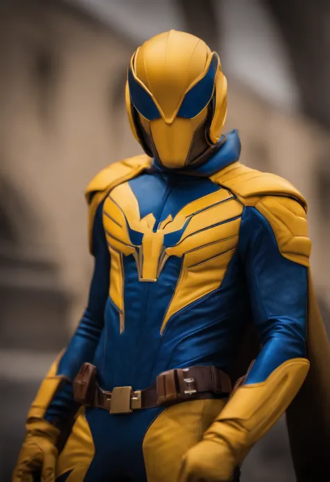 Male super hero, Mosquito Theme, Deep blue and golden suit color, helmet,marvel yellow jacket based, full body model