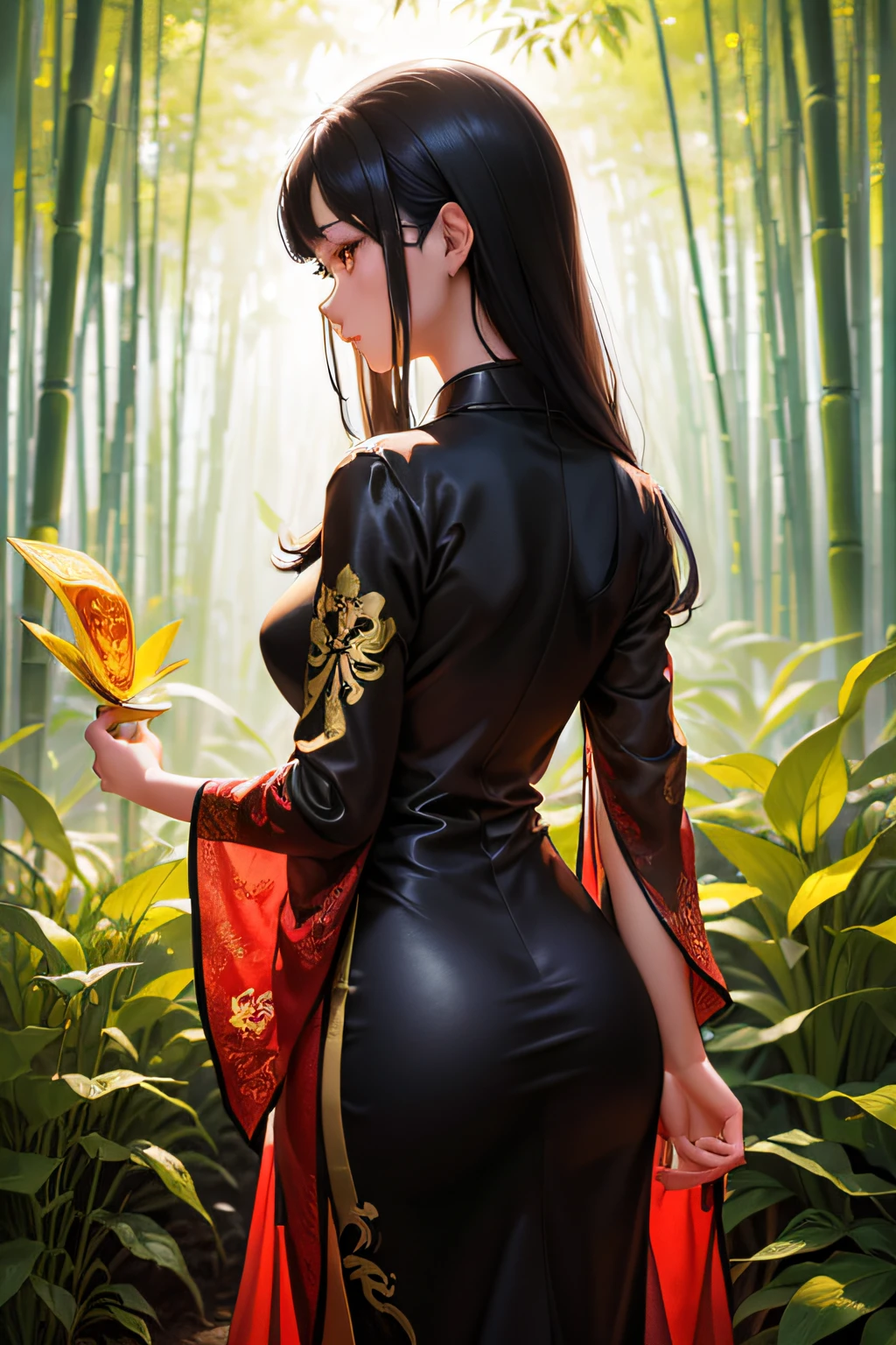 The back of the cheongsam girl in the bamboo forest，A hand hangs down and holds a gold mask，Site，Sense of religion，divino，Chinese tradition，holy rays，Artistically，mistic，The picture comes to life，Creative composition，The picture is full of light，Screen transparency，Best quality，tmasterpiece，