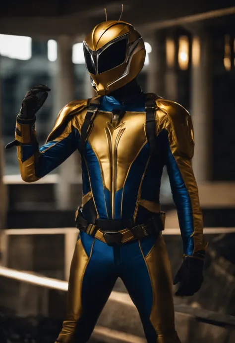 Adult male super hero, Mosquito Theme, Insect theme, Deep blue and golden suit color, helmet,marvel yellow jacket aesthetic, Kamen Rider aesthetic, full body model