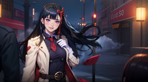(black hair, long hair:1.7), purple eyes, hair ornament,1girl, long_hair, lamppost, night, gloves, belt, building, solo, outdoors, black_hair, red_gloves, blurry_background, necktie, brown_eyes, breasts, night_sky, bangs, cityscape, open_clothes, jacket, b...