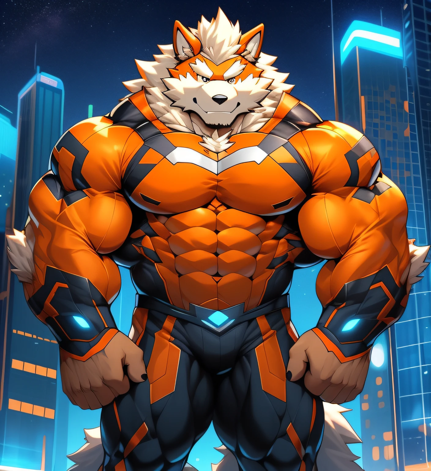 City background, skyscraper, futuristic city, night, stars, night lights, Arcanine Gigachad, super hero, hero, bodysuit, massive muscles, huge pecs, chiseled abs, huge pectorals, exaggeratedly huge muscles. a furry hero whose presence inspires trust and respect. (((His hero costume is white, red and orange.)))