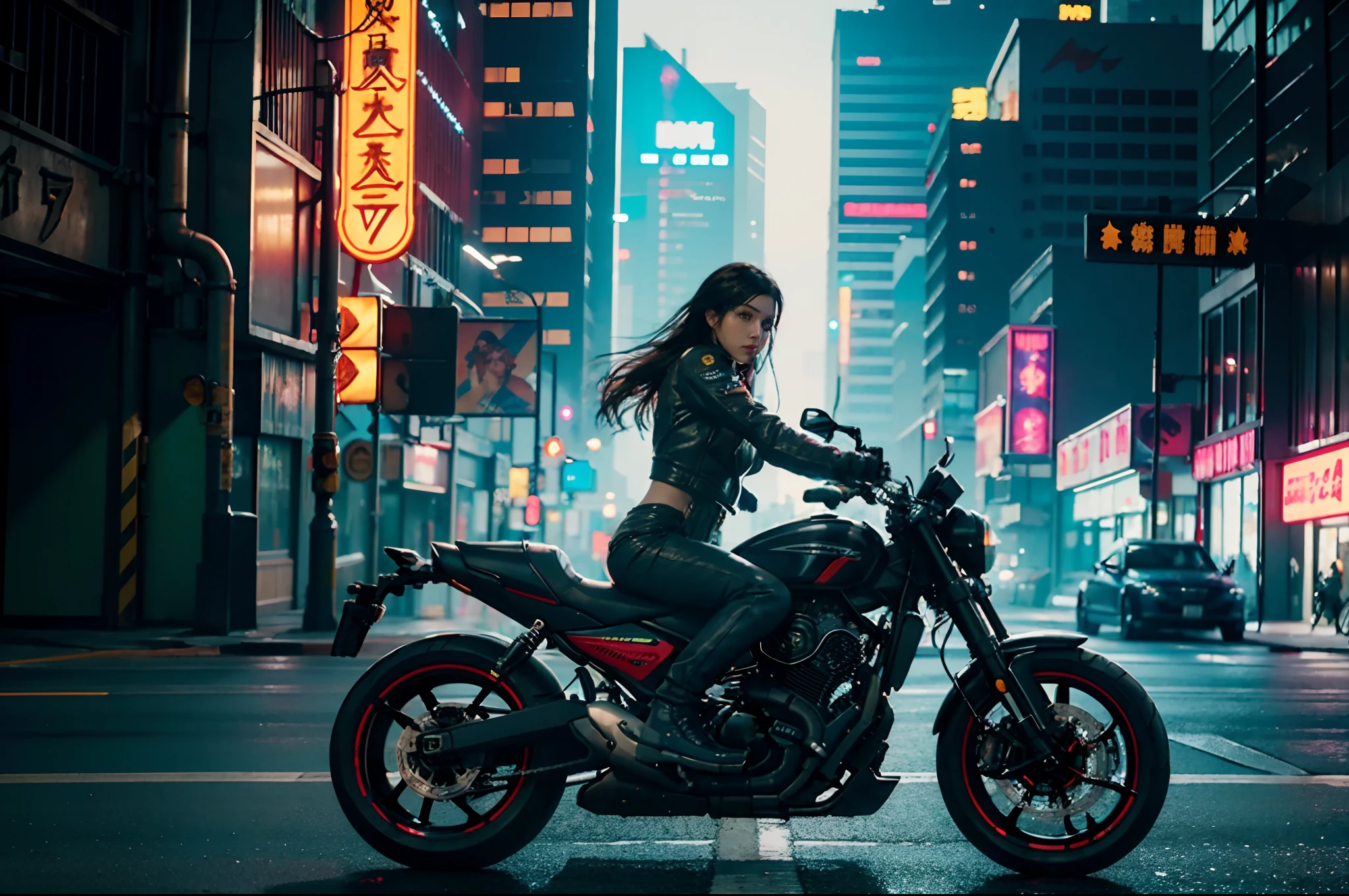 Photo realistic, Cinematographic photo, cinematic filter, realistic, girl driving a motorcycle on a street in a Cyberpunk city, sitting on a cyberpunk motorcycle, Cyberpunk style, (cyberpunk 2077), Model girl, Driving a futuristic motorcycle, futuristic Cyberpunk city, dark environment with fog, cables and pipes, Neon lights,