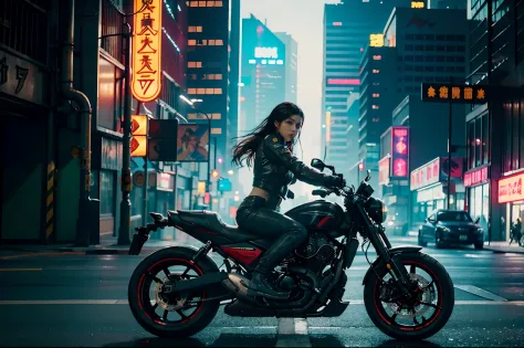 Photo realistic, Cinematographic photo, cinematic filter, realistic, girl driving a motorcycle on a street in a Cyberpunk city, ...