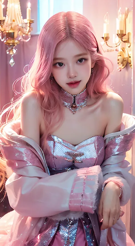 (best quality,ultra-detailed,photorealistic),pinkish colors,blackpink kpop idol,fantasy background,pretty smile,long wavy hair,glowing makeup,sparkling outfit,dreamy atmosphere,soft lighting,vibrant colors,fairy-like appearance