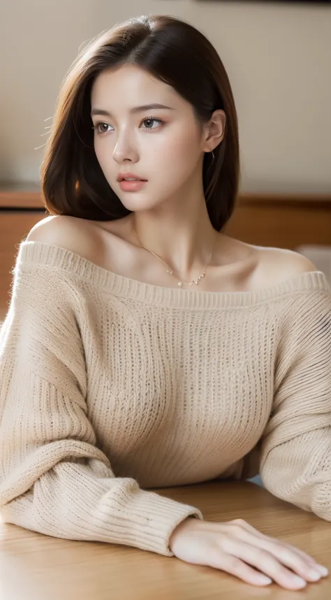 (RAW photo, Best quality), (Realistic, photo-realistic:1.2),High quality, (highdetailskin:1.4), 1girll，Lie on the table,Sweaters，huge tit