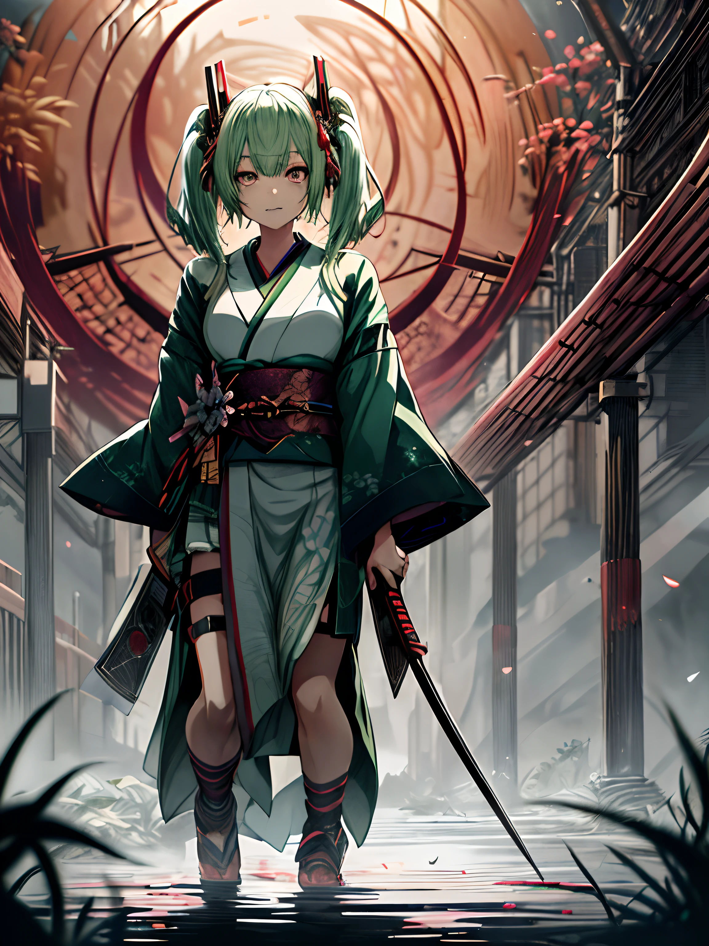 Anime girl with green hair and green hair holding a sword - SeaArt AI