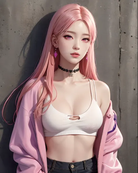 (Masterpiece, Best Quality, 1girl, 独奏, intricate details, chromatic aberration), Realistic, ((Middle Breath)),Long hair, pink hair, Decoration on the red head, Pink highlights, hair above one eye,violet eyes, earings, sharp eyes, Choker, neon shirt, open j...