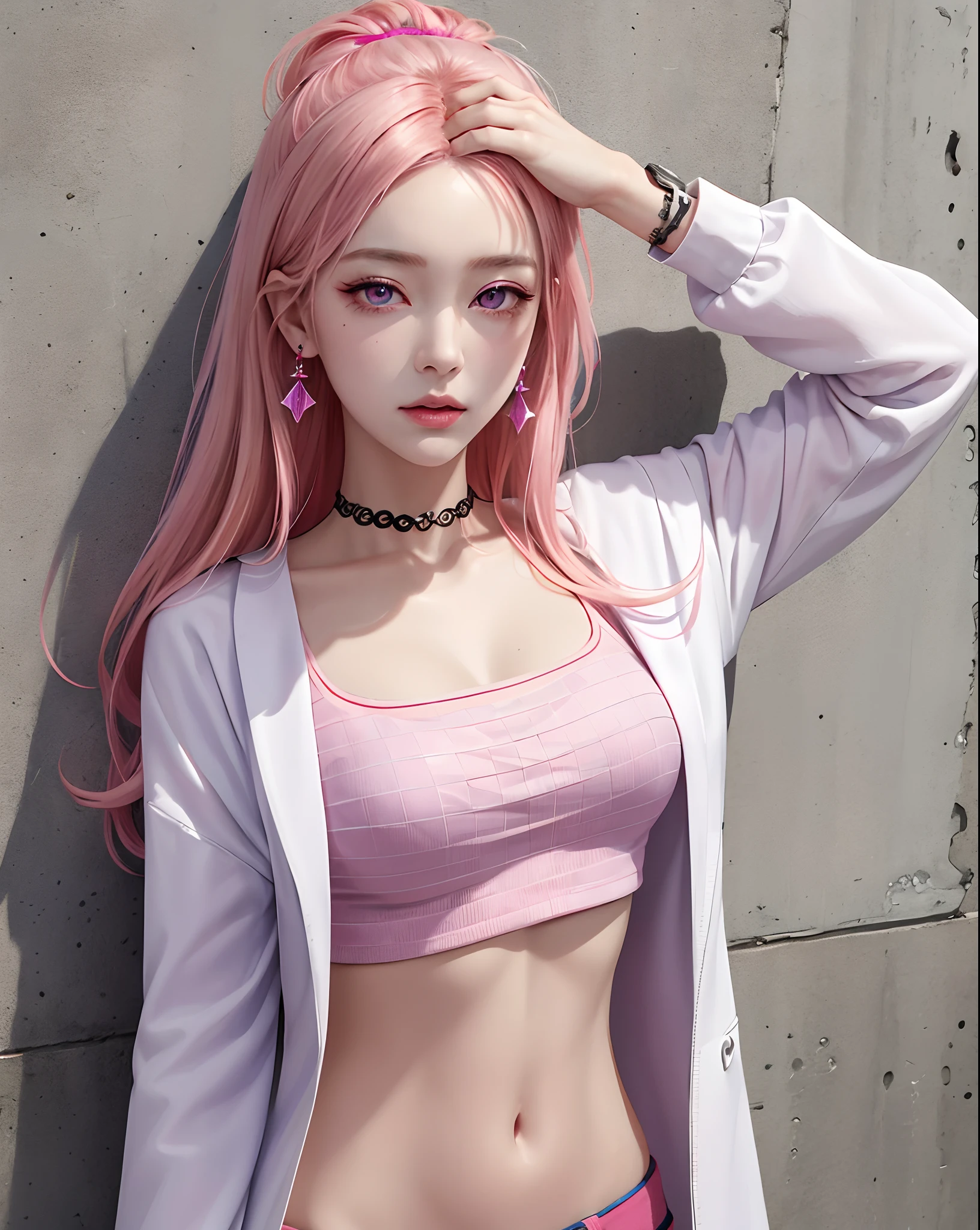 (Masterpiece, Best Quality, 1girl, solo, intricate details, chromatic aberration), Realistic, ((Middle Breath)),Long hair, pink hair, Decoration on the red head, Pink highlights, hair above one eye,violet eyes, earings, sharp eyes, Choker, neon shirt, open jacket, crop-top, (symmetry eyes),(perfect symmetrical body),Against a wall, brick wall, graffiti, dim lighting, alley ,look at the viewer