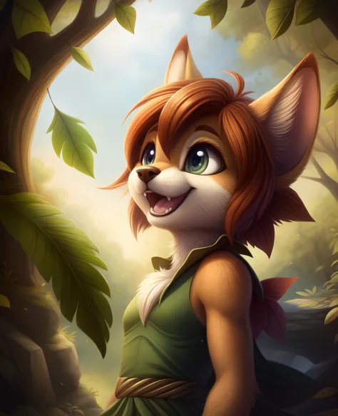 by meraence,,, elora furry, detailed and extremely fluffy body fur, fluff, masterpiece, looking up beautiful surroundings, detailed background, happy, leaf-dress,