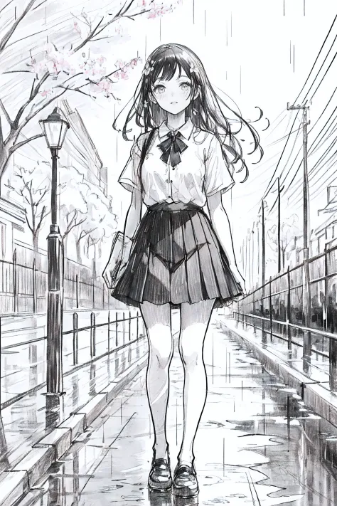 1girl,Line Art,monochrome,sketch,Pencil drawing,traditional media,1girl, black skirt, branch, building, chain-link fence, cherry blossoms, fence, long hair, outdoors, petals, pleated skirt, rain, shirt, short sleeves, skirt, solo, standing, tree,
sky,street