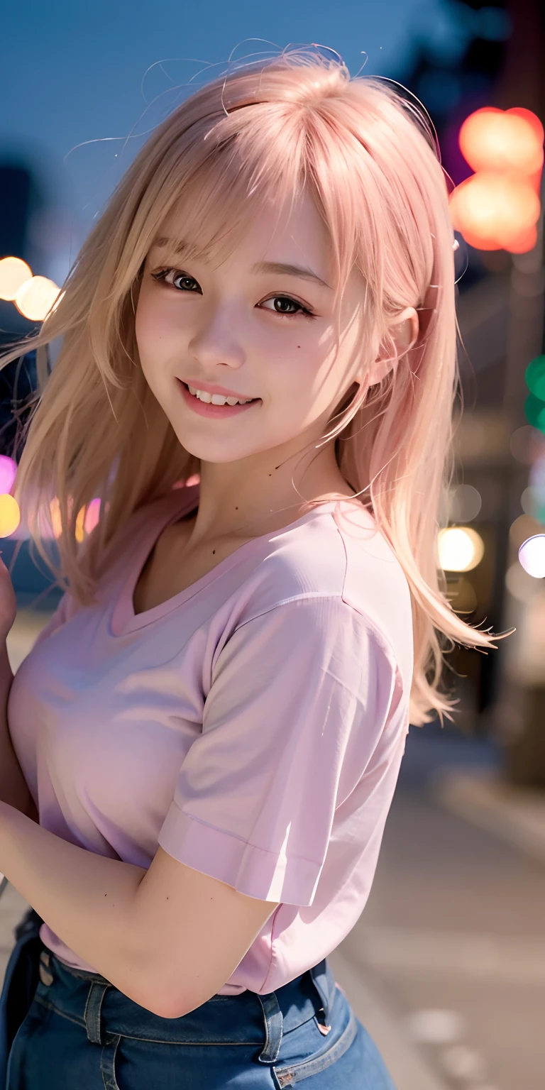 1girl, Tokyo street,night, cityscape,city lights,upper body,close-up,smile,, (8k, RAW photo, best quality, masterpiece:1.2),(realistic, photo-realistic:1.37), pink and blonde hair, pink shirt