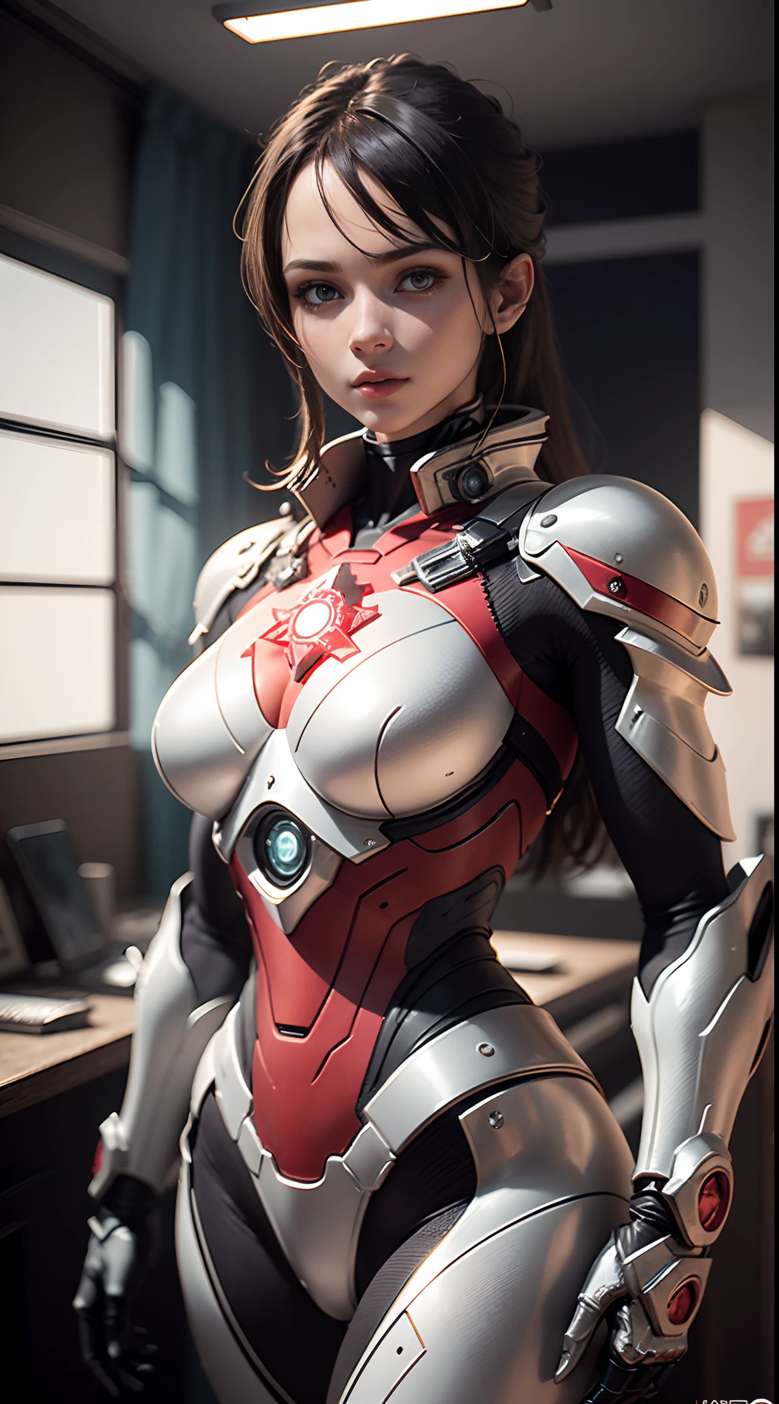 masterpiece，Best quality at best，A high resolution，realistic，upper body，
1 girl，s Ultraman，Red five-pointed starry eyes，Pentagram color timer，looking at the viewer，Red color，Power armor，fully shielded，（semi transparent：1.4），（lascivious poses：1.1），Biomechanicalini city，Reflective metal，lighting dramatic，..3d，Ultra - Detailed，rendering by octane，