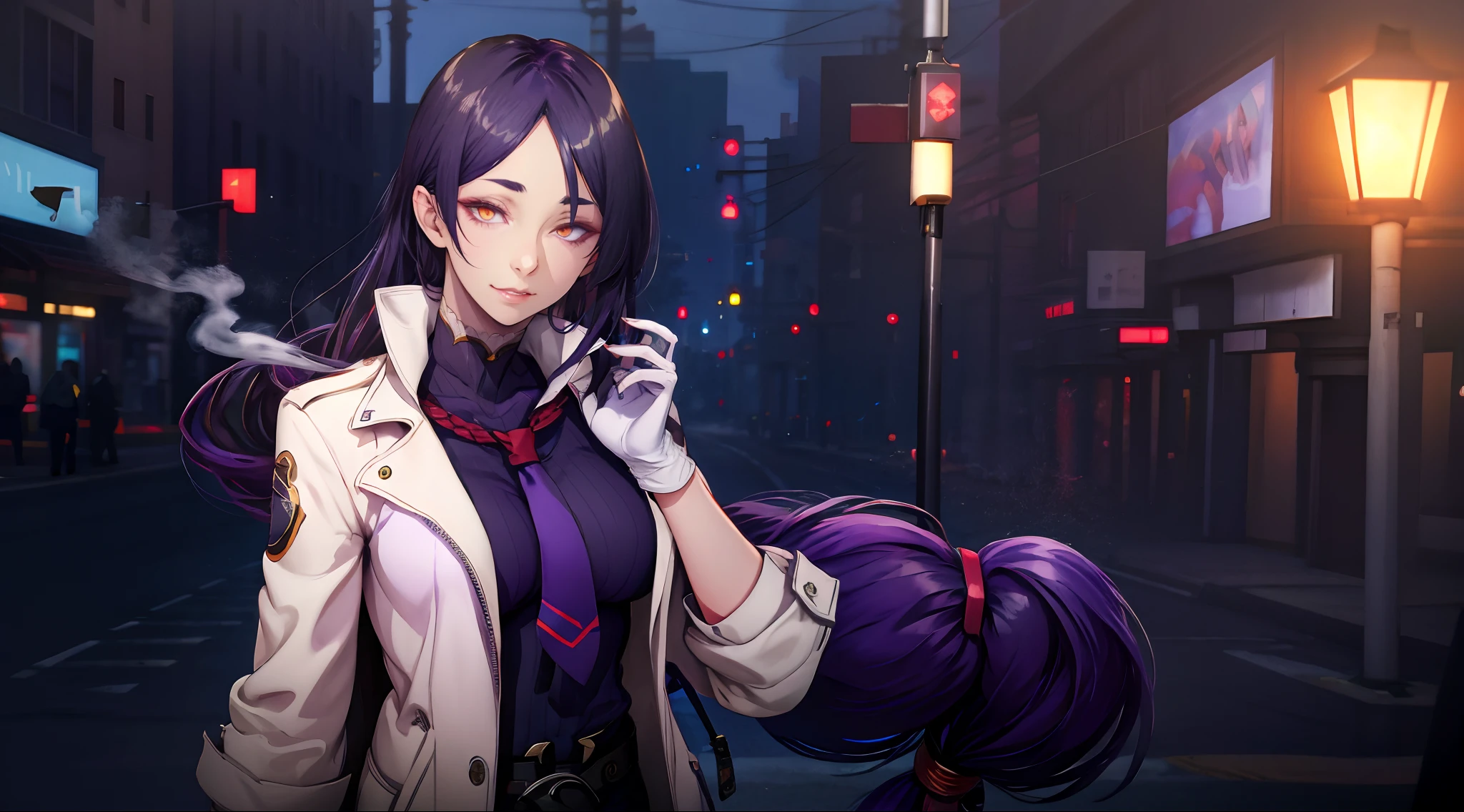 hmmr1, minamoto no raikou (fate), (dark-purple hair, long hair:1.7), purple eyes,,1girl, long_hair, lamppost, night, gloves, belt, building, solo, outdoors, black_hair, red_gloves, blurry_background, necktie, brown_eyes, breasts, night_sky, bangs, cityscape, open_clothes, jacket, blurry, sky, city, coat, closed_mouth, smoke, medium_breasts, red_neckwear, looking_at_viewer, long_sleevesglow effects, godrays, Hand drawn, render, 8k, octane render, cinema 4d, blender, dark, atmospheric 4k ultra detailed, cinematic, Sharp focus, big depth of field, Masterpiece, colors, 3d octane render, 4k, concept art, trending on artstation, hyperrealistic, Vivid colors, extremely detailed CG unity 8k wallpaper, trending on CGSociety, Intricate, High Detail, dramatic,