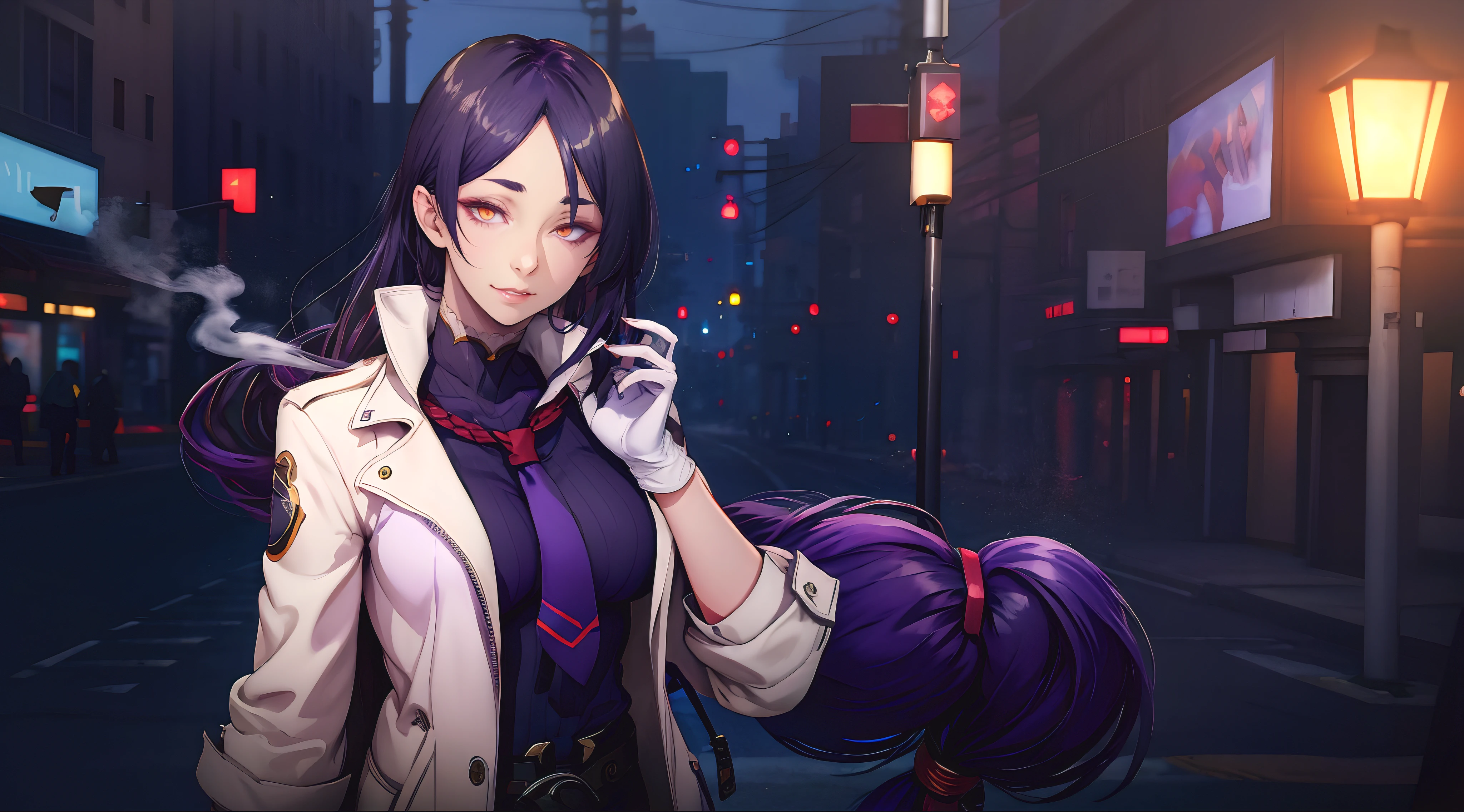 hmmr1, minamoto no raikou (fate), (dark-purple hair, long hair:1.7), purple eyes,,1girl, long_hair, lamppost, night, gloves, belt, building, solo, outdoors, black_hair, red_gloves, blurry_background, necktie, brown_eyes, breasts, night_sky, bangs, cityscape, open_clothes, jacket, blurry, sky, city, coat, closed_mouth, smoke, medium_breasts, red_neckwear, looking_at_viewer, long_sleevesglow effects, godrays, Hand drawn, render, 8k, octane render, cinema 4d, blender, dark, atmospheric 4k ultra detailed, cinematic, Sharp focus, big depth of field, Masterpiece, colors, 3d octane render, 4k, concept art, trending on artstation, hyperrealistic, Vivid colors, extremely detailed CG unity 8k wallpaper, trending on CGSociety, Intricate, High Detail, dramatic,