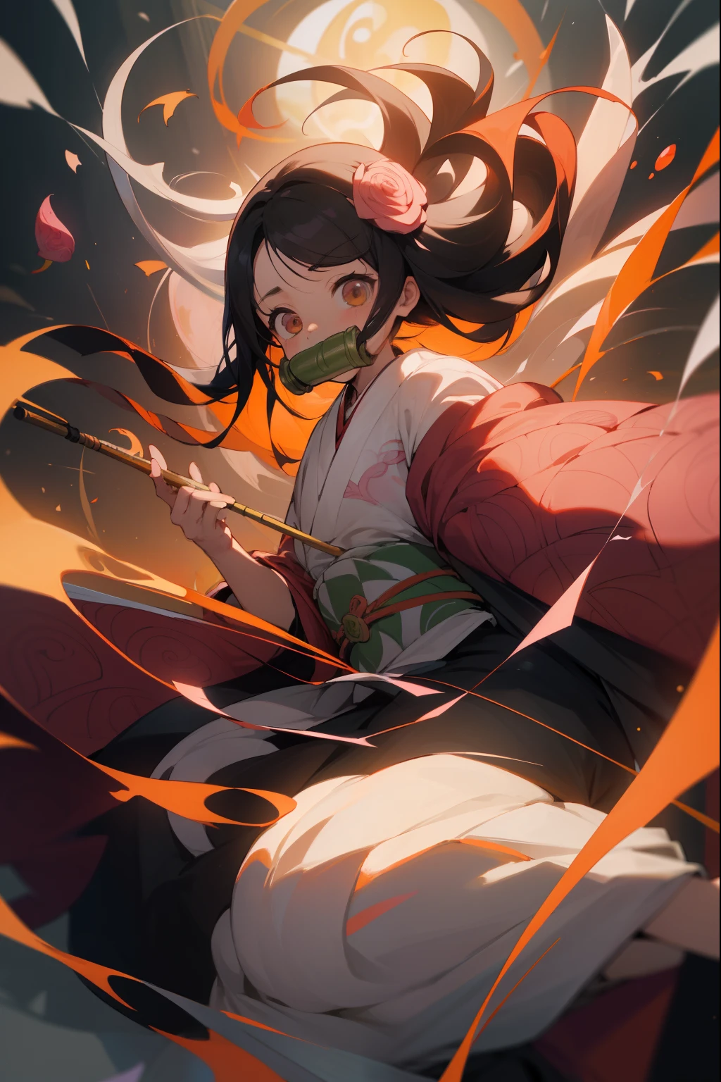 nezukokamado, nezuko kamado, bamboo, (bit gag:1.5), blackquality hair, (brow:1.5), bit gag, GAGGED, hair ribbon, long  hair, multicolored wildly hair, (pink eyes:1.5), orange hair, slit pupils, wavyhair, two-tone hair,
break wing has no (pattern), checkered stripe, Haori, Japanese clothing, kimono, long sleeves, obi, kimono rosa, tape, wariza,  wide sleeves,
break olhando para o espectador,
BREAK indoors,
break (master part:1.2), best quality, high resolution, Unity 8k papel de parede, (illustration:0.8), (beautiful detailed eyes:1.6), extreme detailed face, perfect lighting, extremely detailed CG, (perfect hands, Perfect Anatomia),