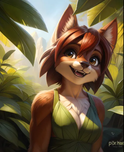 by Pixelsketcher,,, elora furry, detailed and extremely fluffy body fur, fluff, masterpiece, looking up beautiful surroundings, detailed background, happy, leaf-dress,