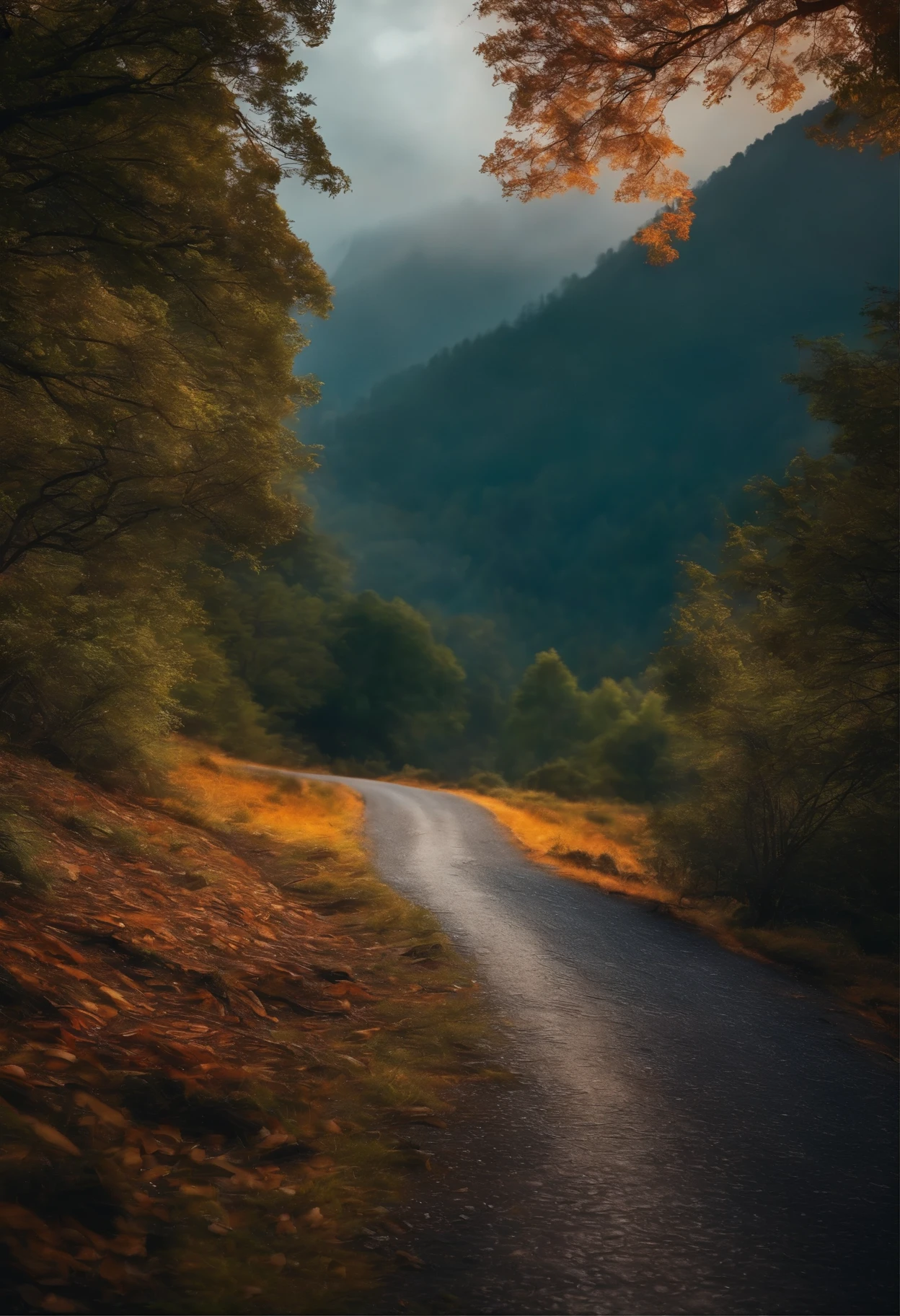 A close up of a road with trees and a mountain in the background - SeaArt AI