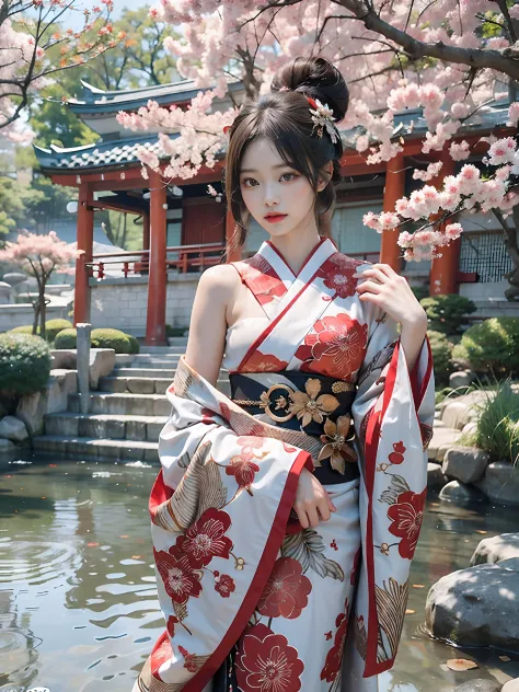 In a futuristic scene, Geisha in Japan with mechanical reinforcement、Elegant in elaborate gardens. She has beautifully detailed ...