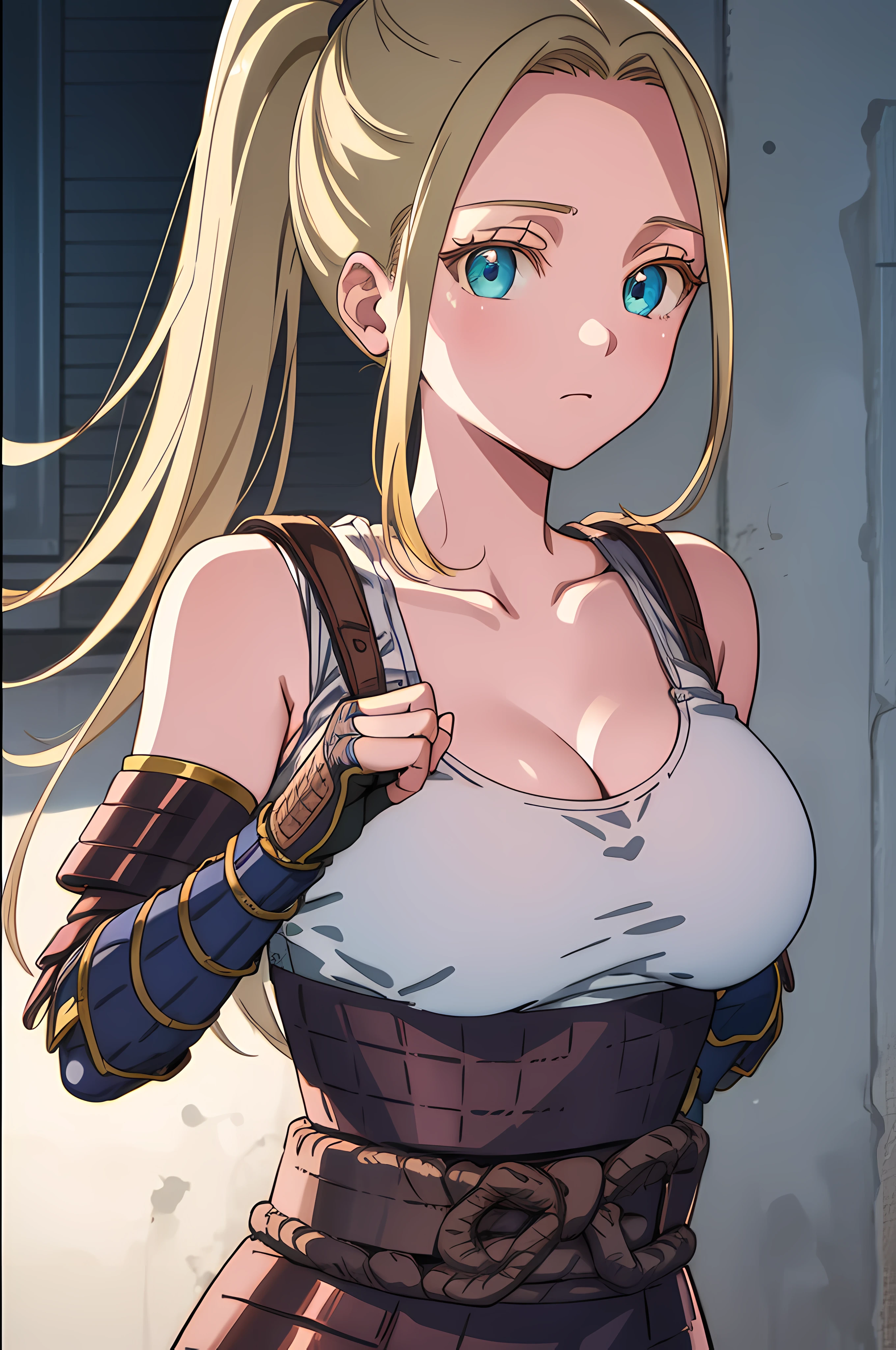 beatrixamerhauser, beatrix amerhauser, long hair, blue eyes, blonde hair, gloves, ponytail, (medium breast:1.2),
BREAK gloves, fingerless gloves, armor, japanese armor, tank top, white tank top, cleavage, collarbone,
BREAK looking at viewer,
BREAK outdoors,
BREAK (masterpiece:1.2), best quality, high resolution, unity 8k wallpaper, (illustration:0.8), (beautiful detailed eyes:1.6), extremely detailed face, perfect lighting, extremely detailed CG, (perfect hands, perfect anatomy),