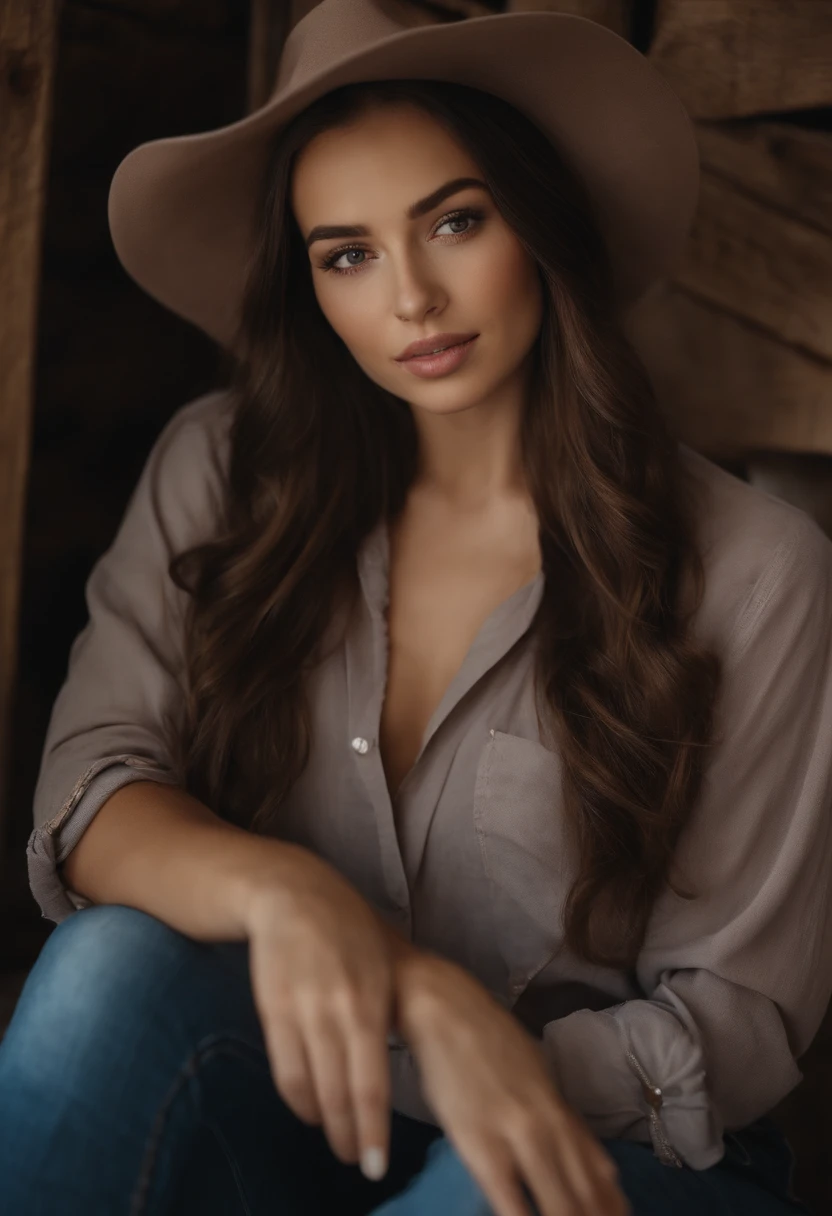 A close up of a woman wearing a hat and jeans - SeaArt AI