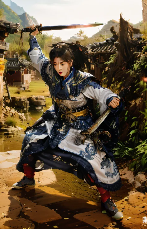 (Unreal Engine 5),Realistic rendering, (villages), （Chinese armor），A woman from the Three Kingdoms practices her sword in the vi...