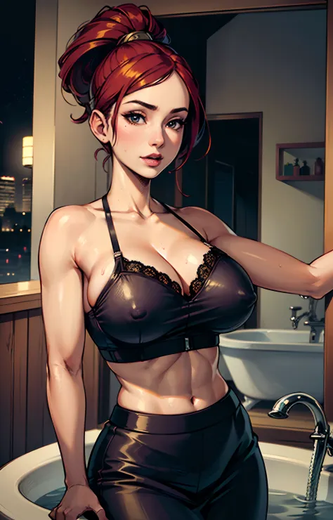 (a woman in a bra top and skirt standing by a bathtub, cute detailed facial features, big breast, very sexy outfit, best quality:1.2, ultra-detailed, highres, masterpiece:1.2), stunning lighting